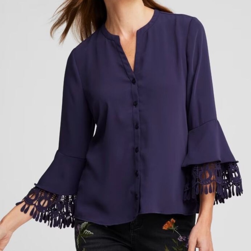 NWT Chico's Tiered Lace Flare Sleeve Top Dewberry Size0/4